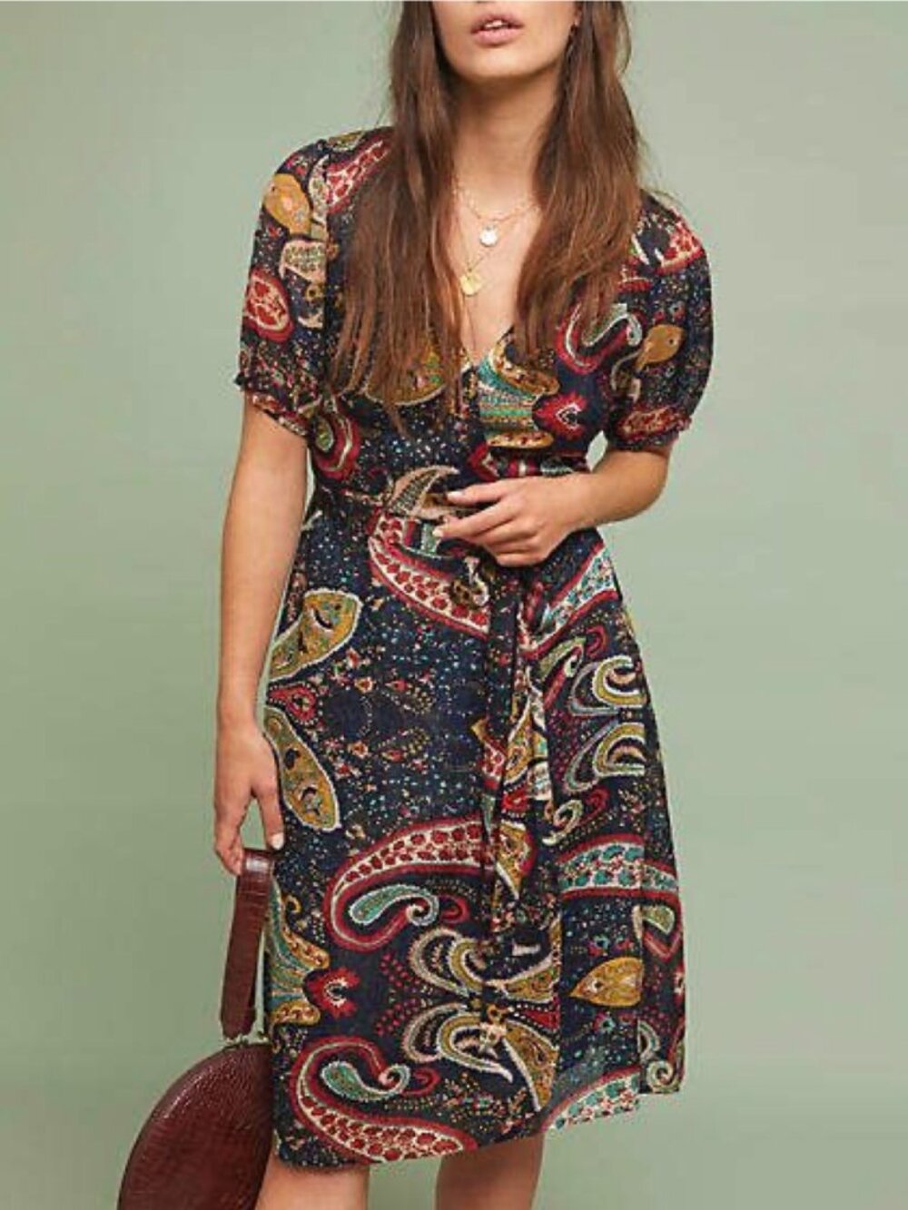 Velvet by Graham Spencer Taylor Paisley Chiffon Wrap Midi Dress M Boho Colorful